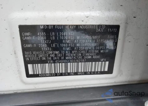 2013 Subaru Outback 2.5I Premium z USA, uszkodzony, nr VIN 4S4BRBGC9D3262187